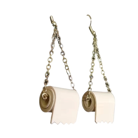 Silver and White Toilet Paper Roll Chain Dangle Earrings - Picture 4 of 7